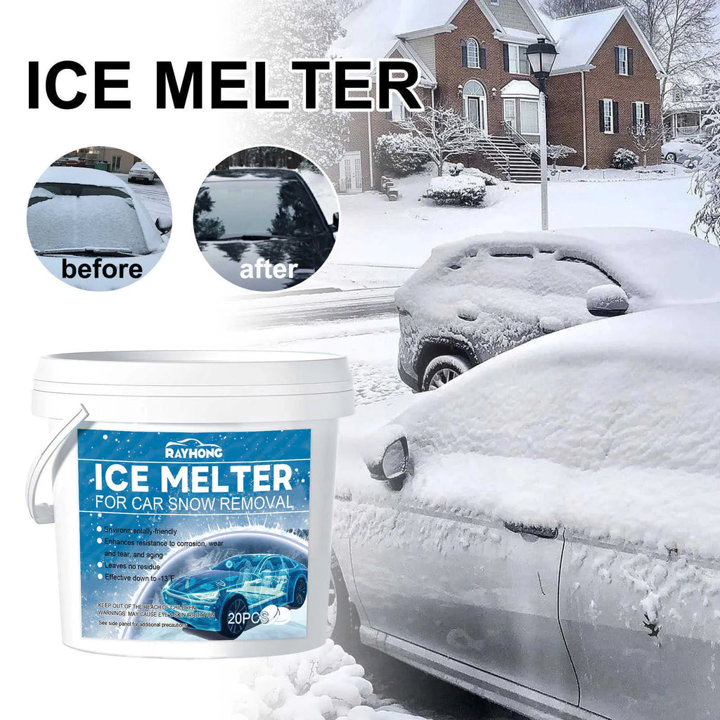 Pack of 20 car de-icing effervescent tablets for winter windscreens, each measuring 12.7 by 12cm