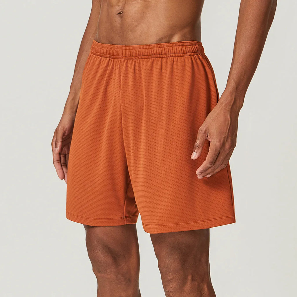 Men's double-layer quick-dry running shorts in sky green colour on a size chart.