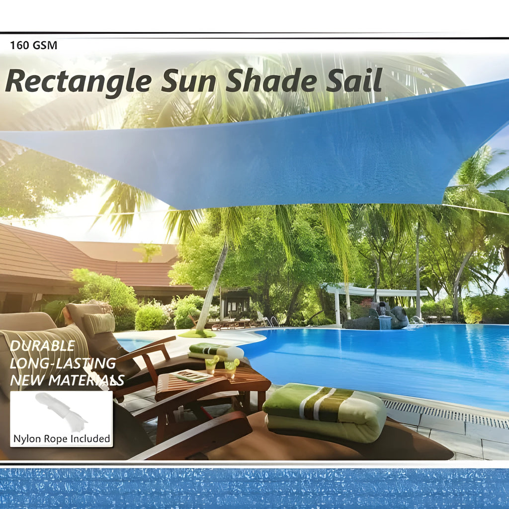 Curved square blue polyester shade sail measuring 3 by 4 metres for outdoor UV protection.