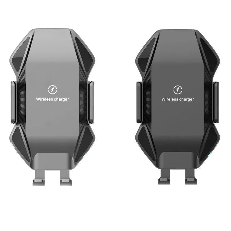Auto-sensing car wireless charger in black or grey with choice of chuck or suction cup mount for dashboard or air vent.