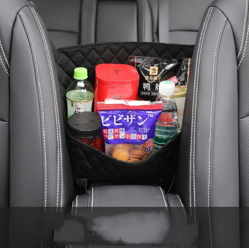 Nylon car seat storage net pocket 27x39x10cm in black, fitted between front seats