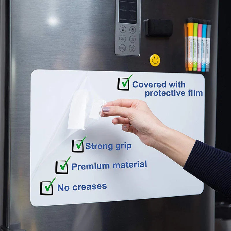 A3 magnetic whiteboard with rounded corners on refrigerator surface