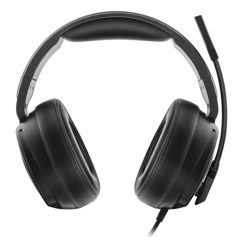 Siberian V20 black gaming headset with 50mm speakers and 7 colour light vibration on a desk
