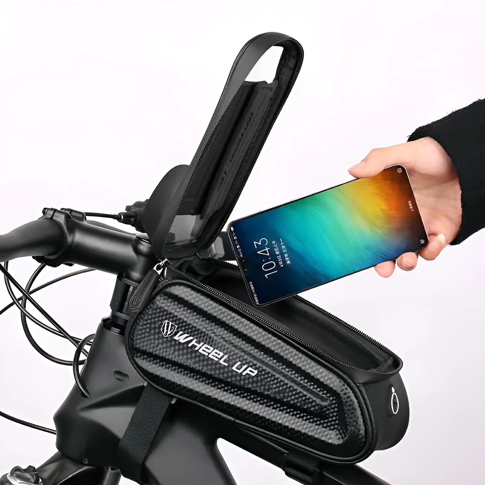 Black and grey EVA bicycle handlebar bag with reflective strips mounted on bike.
