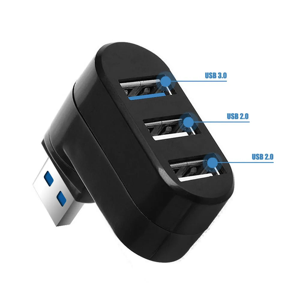 Black or white USB rotary splitter hub with four USB ports on a blister card.