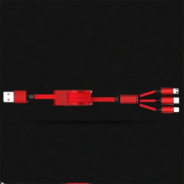 Telescopic 3-in-1 charging cable extended to show 120 cm length and titanium alloy connectors