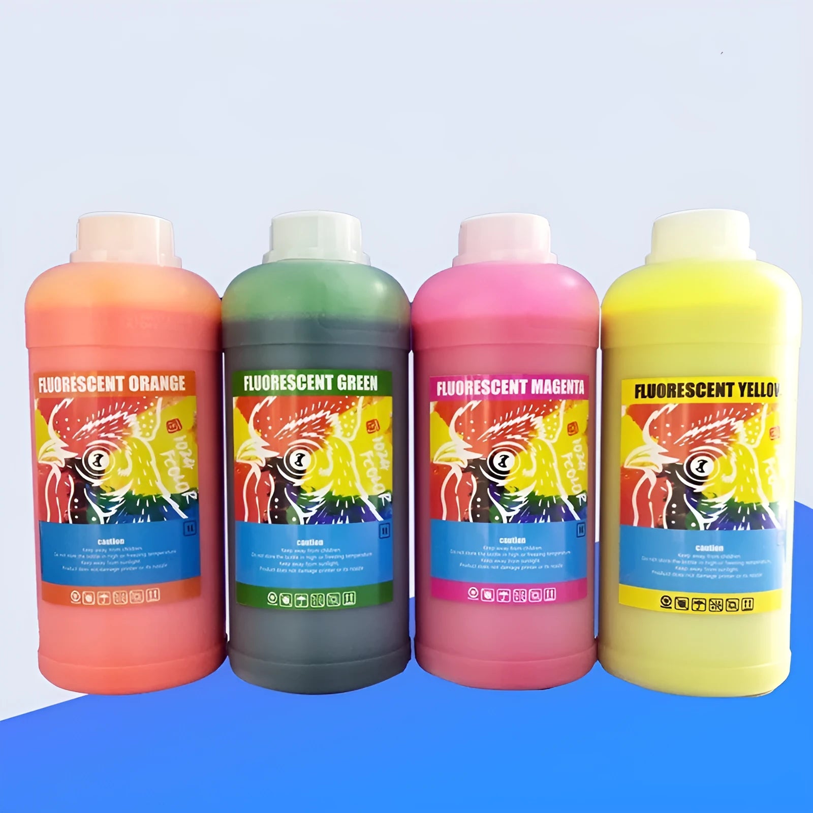Fluorescent sublimation ink bottles for PET film printing in red, yellow, orange, green colours