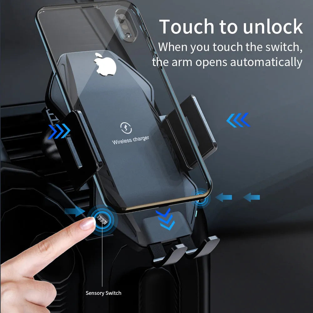 Auto-sensing car wireless charger in black or grey with choice of chuck or suction cup mount for dashboard or air vent.
