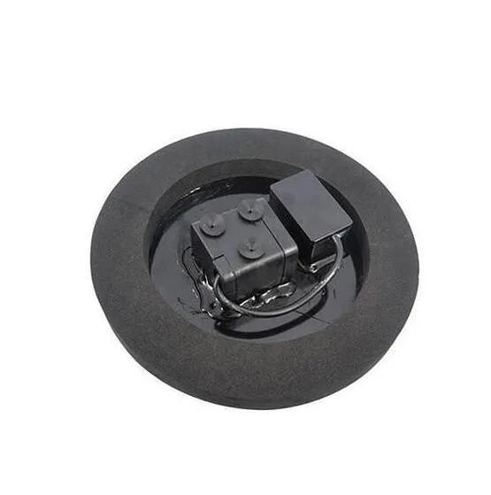 Black solar-powered water fountain pump with four different spray nozzles on a white background