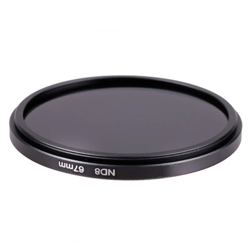 ND8 camera step-up filter in aluminium frame for 49mm to 82mm lenses on a camera lens.