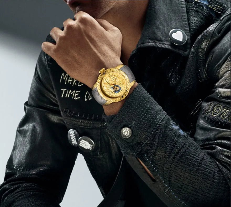 Dragon pattern mechanical watch with black rubber band, 50mm case, and gold accents, available in multiple colours.