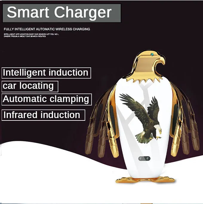 Eagle style car phone holder with wireless charging and suction cup mount in black and gold colours