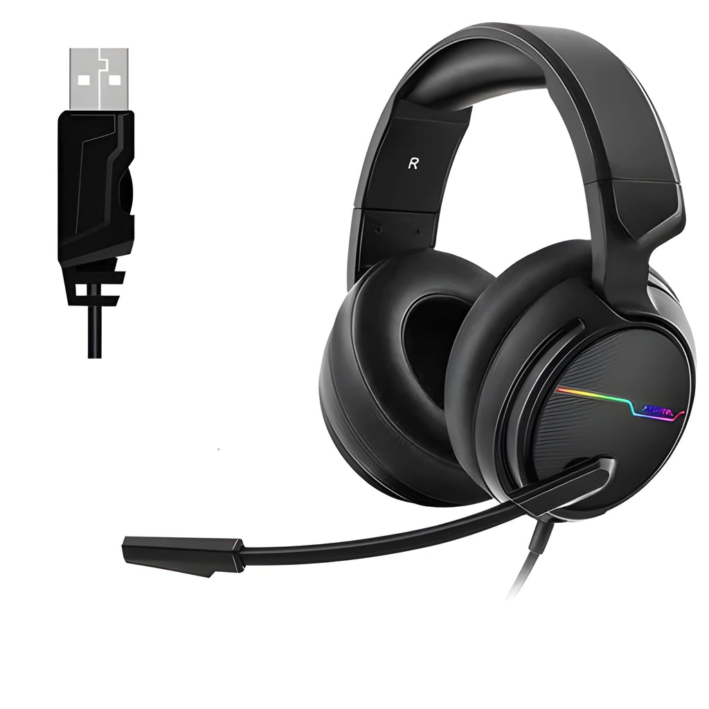 Siberian V20 black gaming headset with 50mm speakers and 7 colour light vibration on a desk