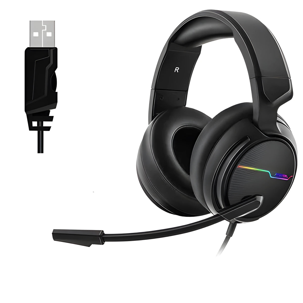 Siberian V20 black gaming headset with 50mm speakers and 7 colour light vibration on a desk