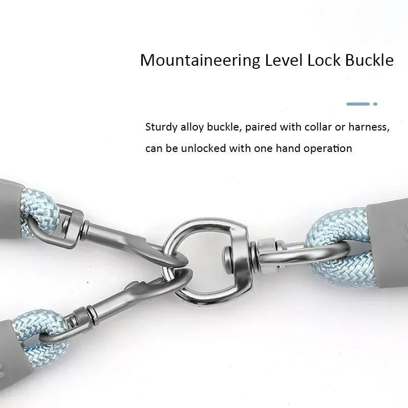 Double dog leash for two dogs with foam handle in blue colour showing metal buckles