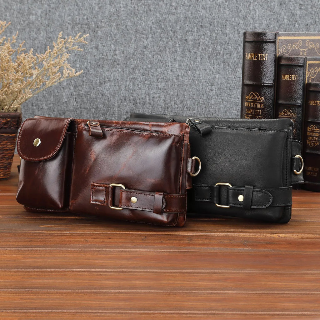 Genuine leather men's belt bag solid colour first layer cowhide wear-resistant waist pack black brown outdoor sports