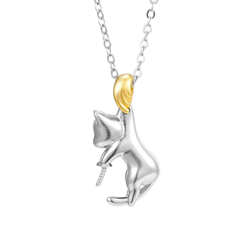 Sterling silver clavicle chain necklace with cat pendant, electroplated 925 silver jewellery