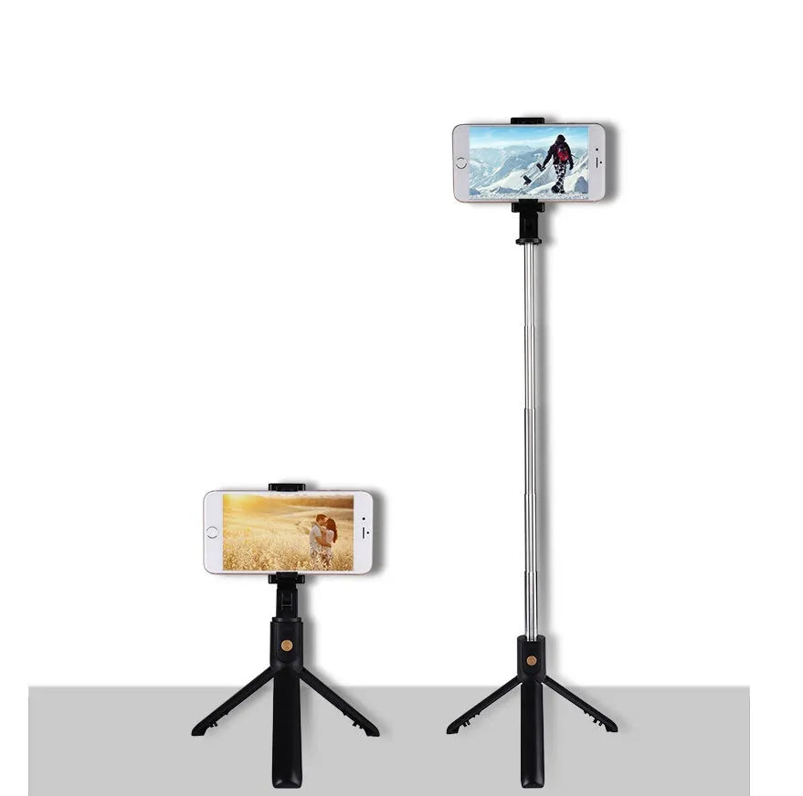 Bluetooth selfie stick tripod folded at 195mm in A White colour, compatible with iPhone Android and Huawei smartphones