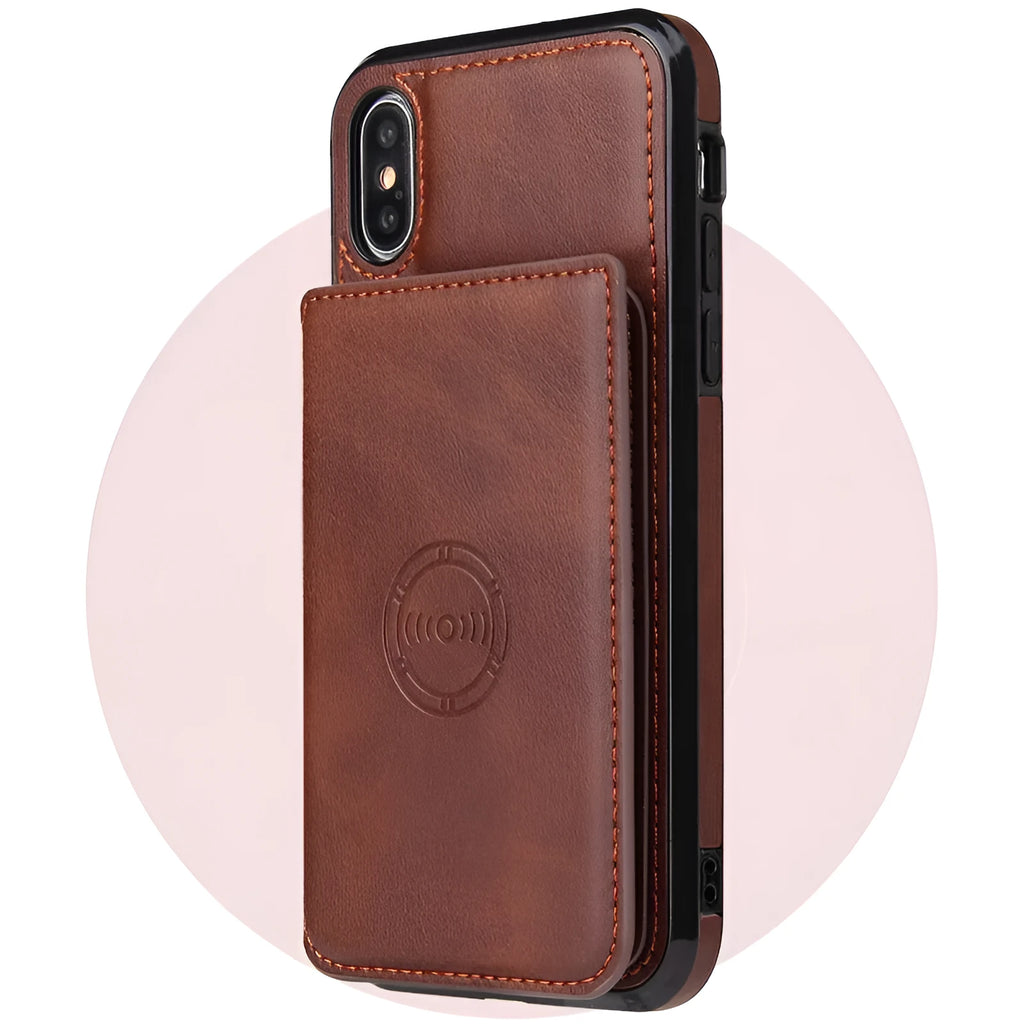 Imitation leather card wallet phone case for iPhone in various solid colours.