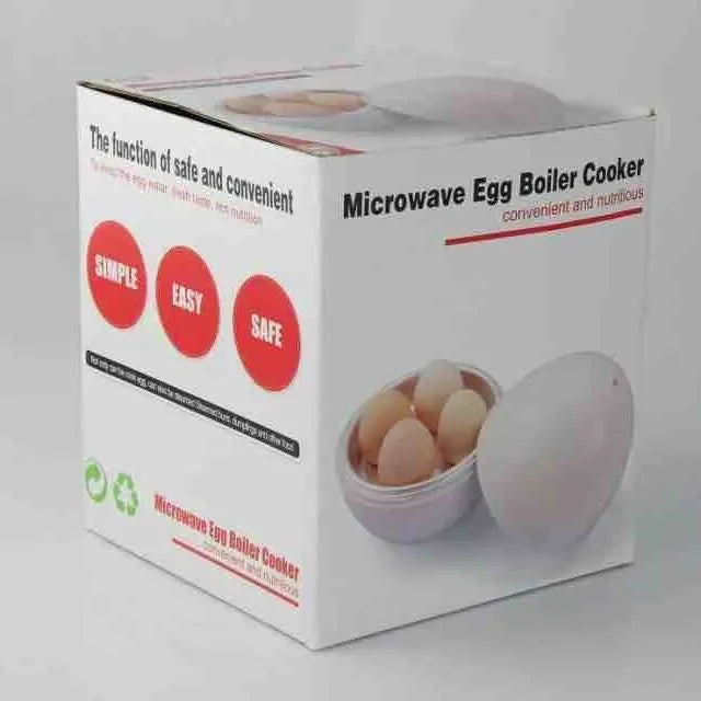 White microwave egg cooker for boiling up to 4 eggs with adjustable cooking settings