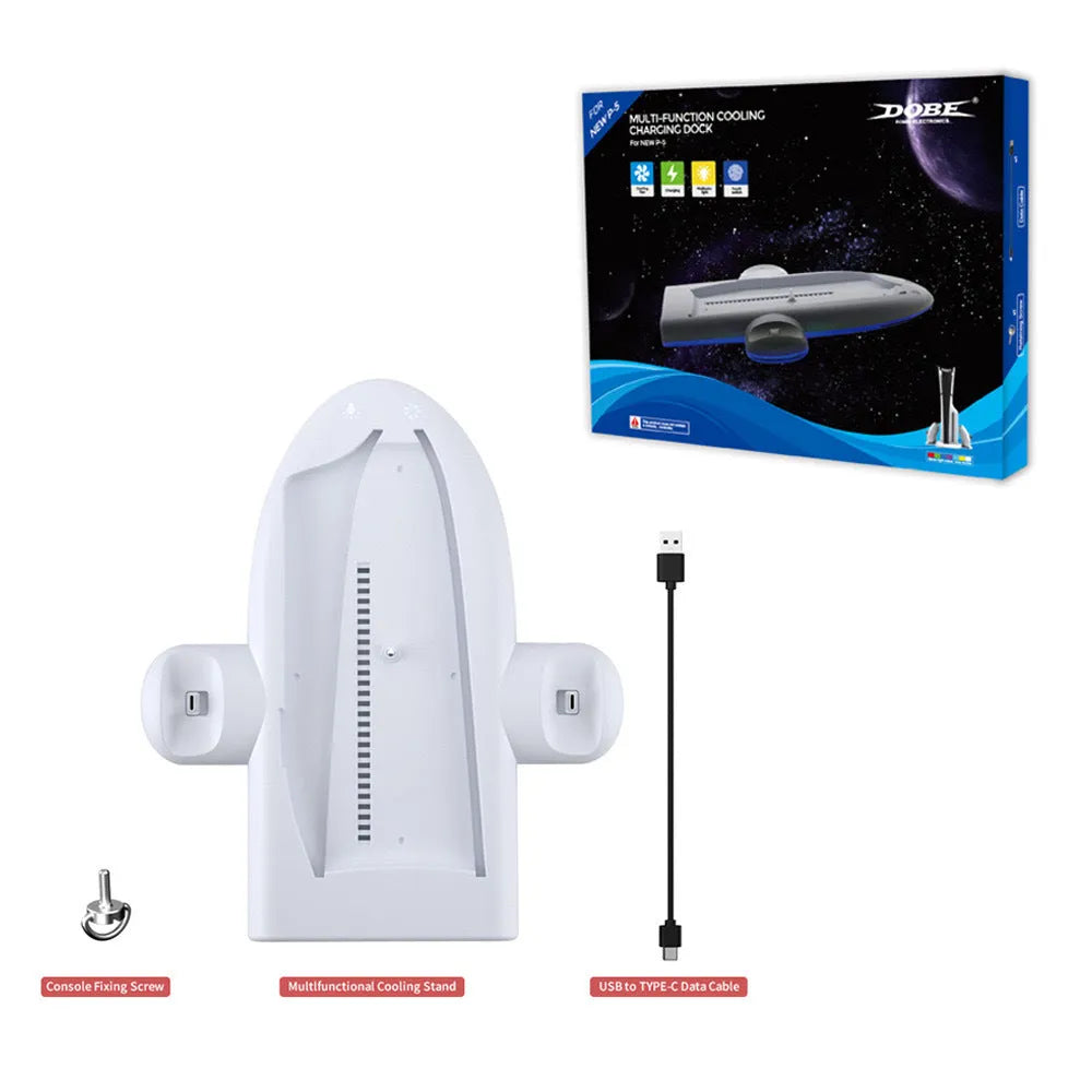White PS5 charging station with RGB lights, cooling fan, and controller charging belt