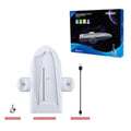 White PS5 charging station with RGB lights, cooling fan, and controller charging belt