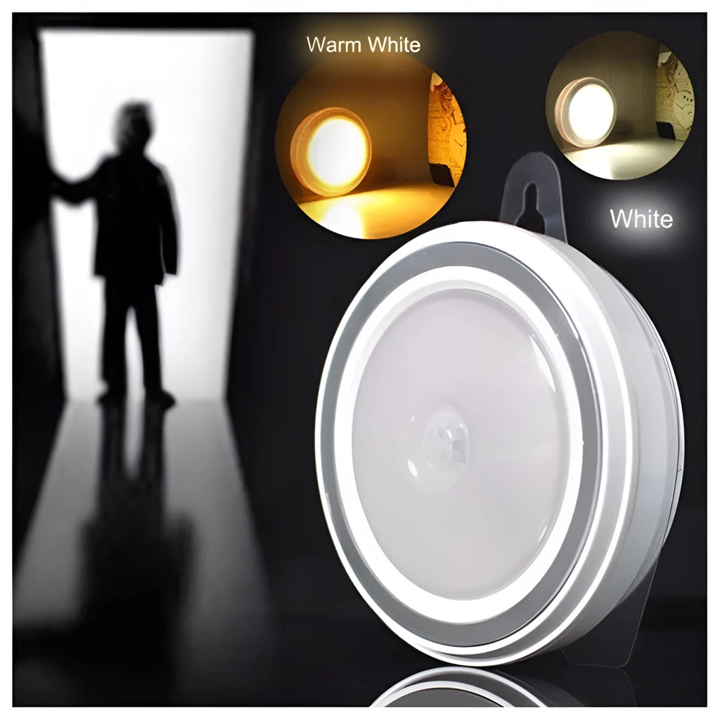 Round white motion sensor LED light unit, 80mm in diameter, for wardrobes and corridors.