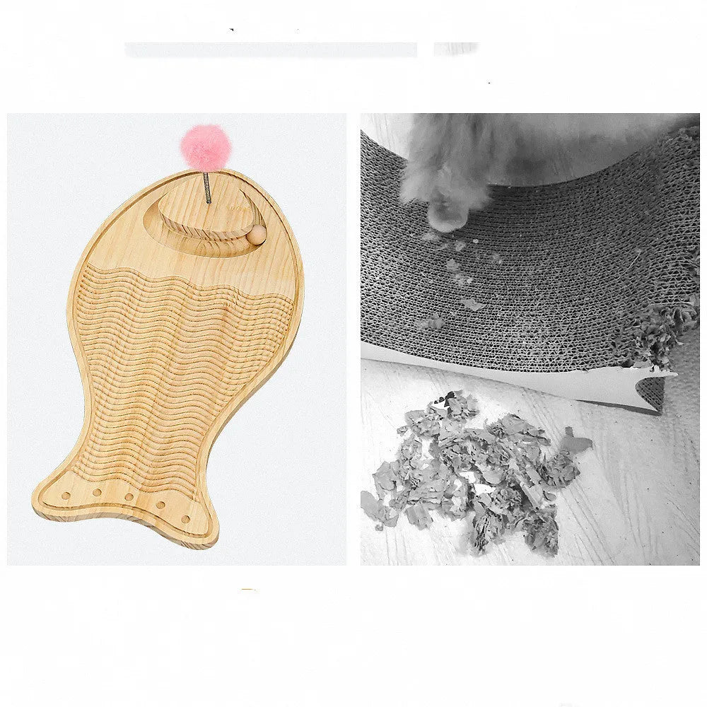 Natural wood coloured cat scratcher made of pine wood and rex rabbit fur, placed on floor for pet play
