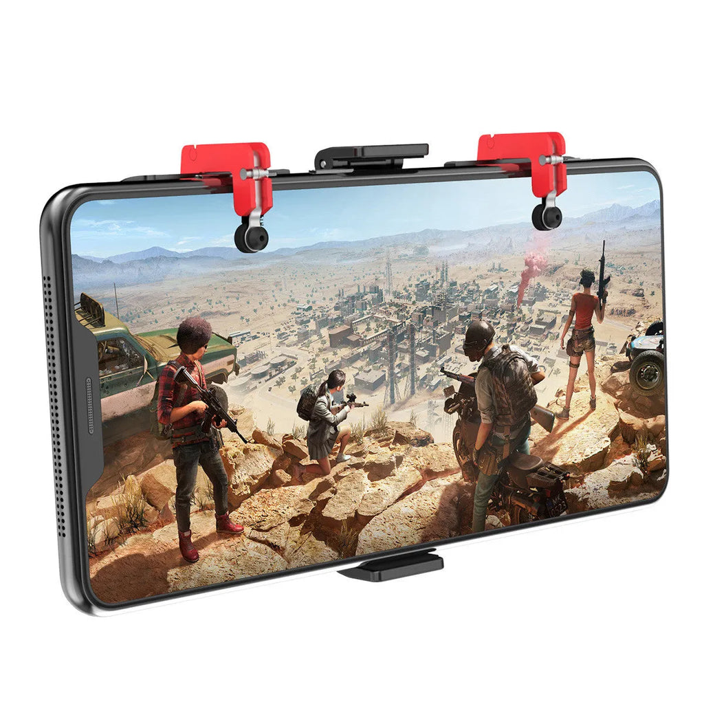 Black PG-9137 mobile gaming trigger handle attached to a phone showing the hidden trigger and telescopic clip.