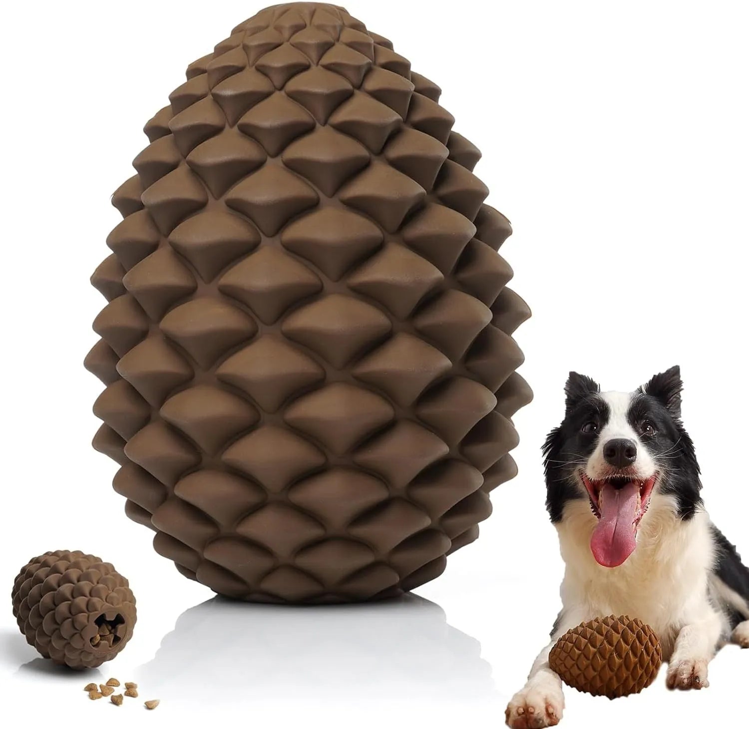Pine cone shaped natural rubber dog toy for aggressive chewers with treat dispenser