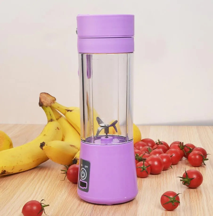Mini USB electric citrus juicer with carry rope in pink, purple, blue, or green colours