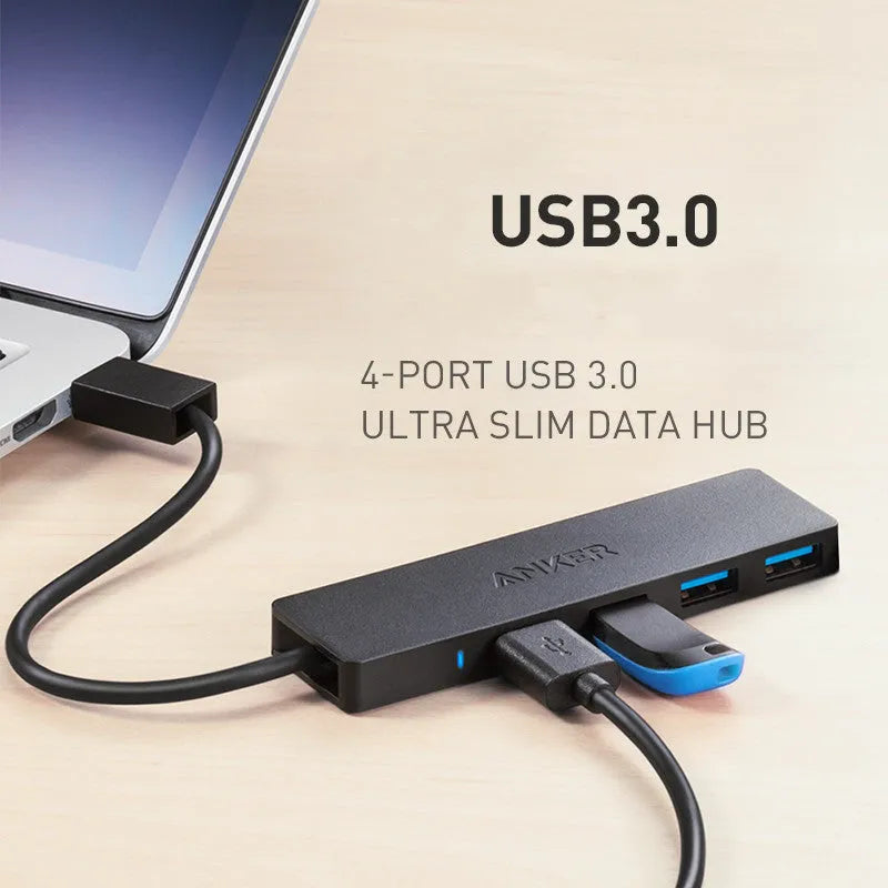 Black Anker 4-port USB 3.0 hub with attached cable, dimensions 30x107 mm.