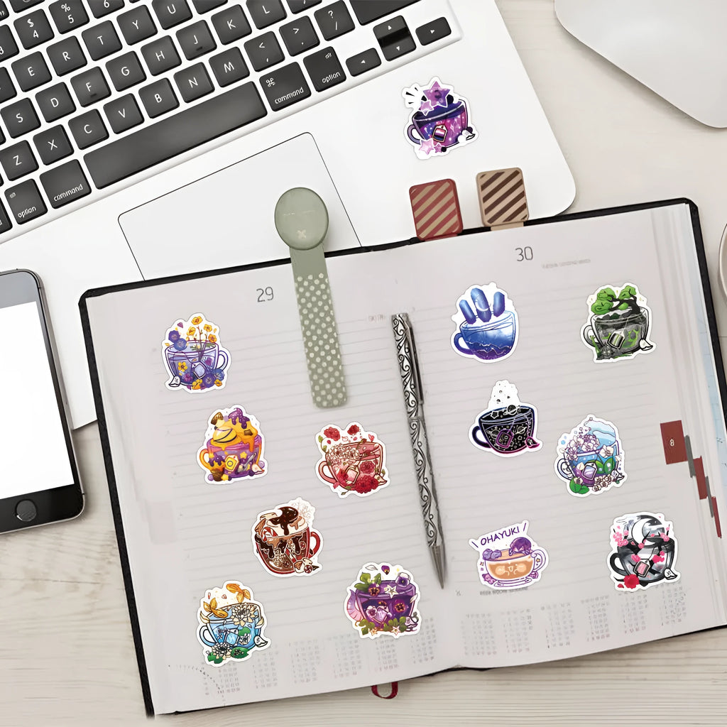 Colourful tea cup graffiti design waterproof stickers, 50-piece pack for DIY personalisation.