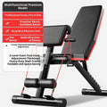 Home multi-function foldable incline fitness bench with metal frame and pull rope on plain background