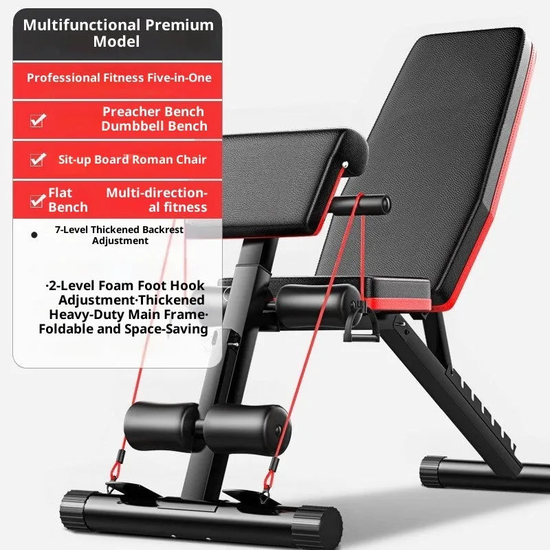 Home multi-function foldable incline fitness bench with metal frame and pull rope on plain background