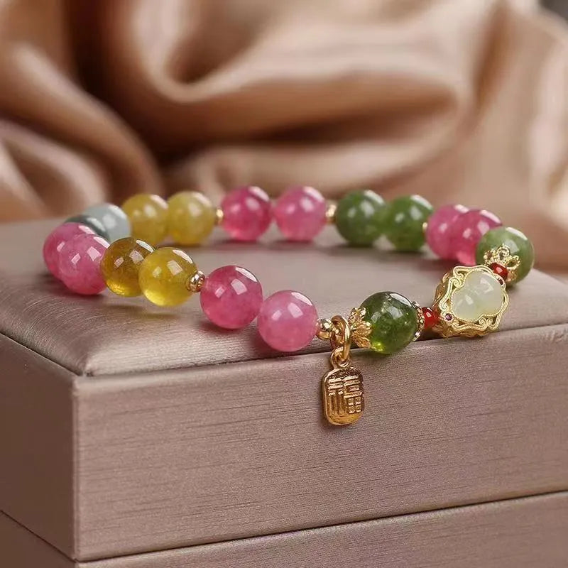 Women's colourful tourmaline gourd blessing card bracelet with electroplating finish and flower shape design