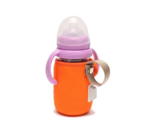 Orange and blue baby USB heated bottle warmer sleeve showing dimensions and USB connection