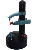 White electric kitchen peeler machine with stainless steel blade on a countertop.