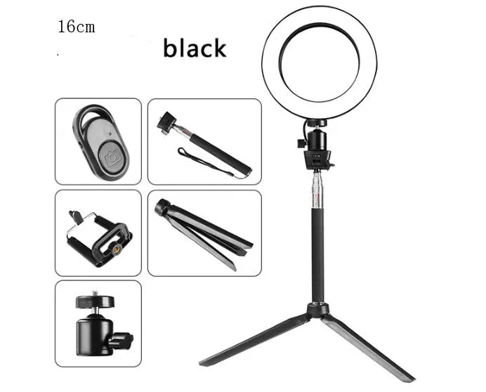 Self-Made Fill Light Artifact 5W LED ring light 20cm black with tripod and phone clip on desk