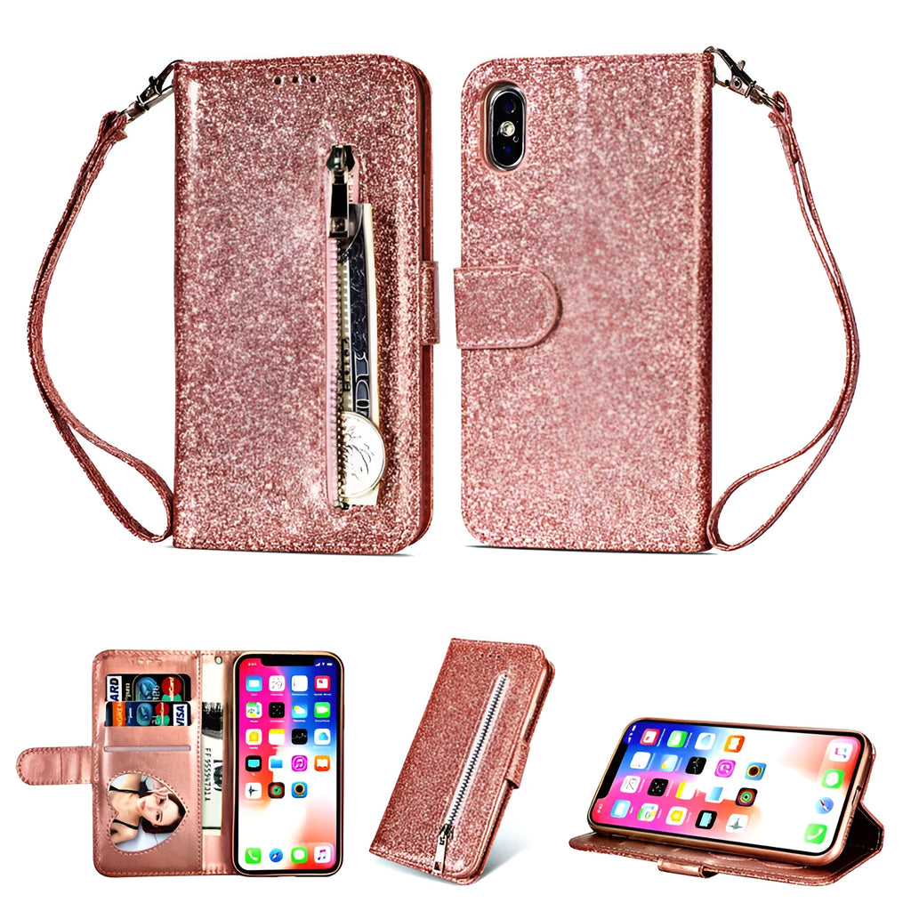 PU zipper wallet case for iPhone in multiple colours showing zip closure