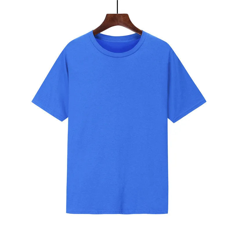 Men's black cotton t-shirt with short loose sleeves showing size range and colour options
