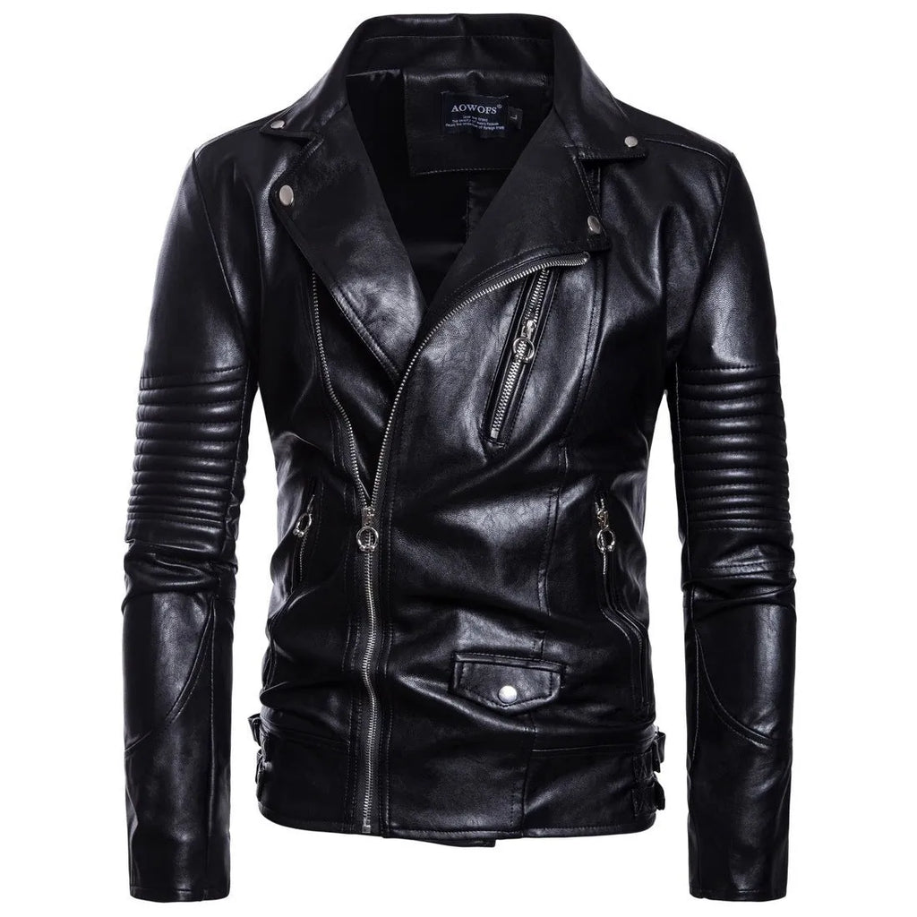 Men's black sheepskin leather jacket with suit collar and zipper front, regular fit, on display