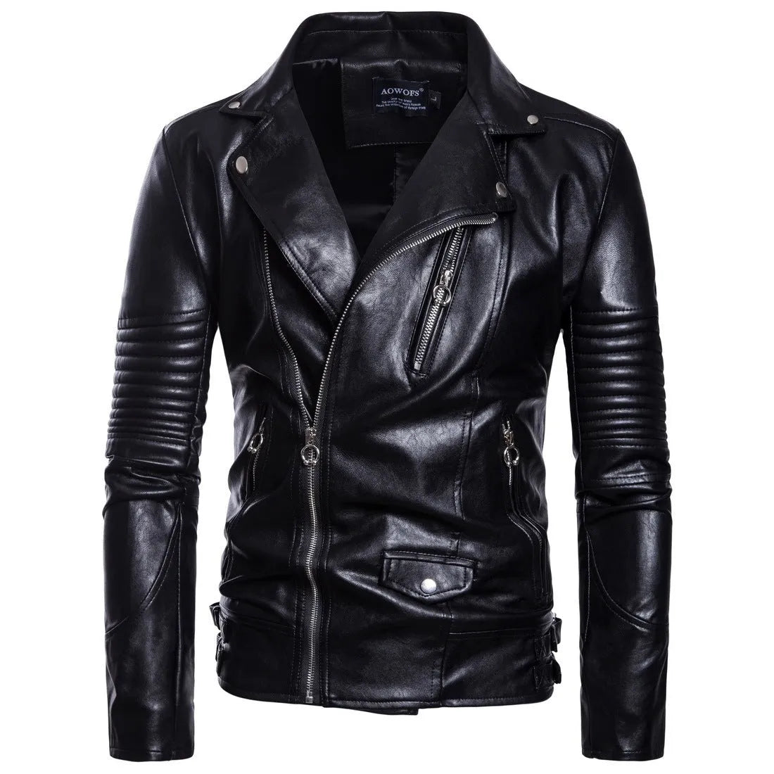Men's black sheepskin leather jacket with suit collar and zipper front, regular fit, on display