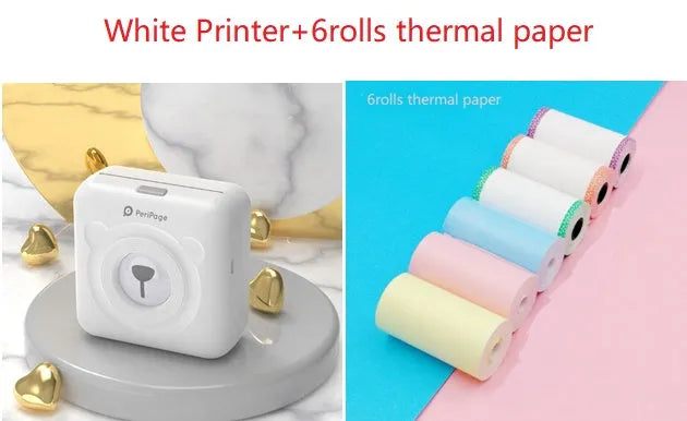 Mini Bluetooth thermal printer in white, pink or blue, 79x42x79mm, for phone photos and labels