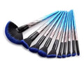 10-piece pro makeup brush set in blue colour family with synthetic bristles for face and eye application