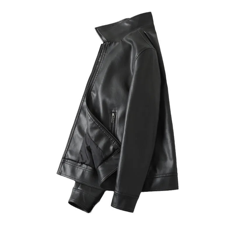 Men's black PU leather casual jacket with zipper pockets and loose fit