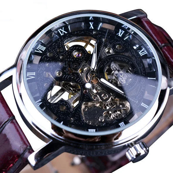 Men's automatic mechanical watch with 4cm dial and leather strap on a grey background