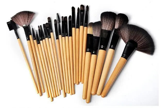 24-piece professional makeup brush set with wooden handles in a black PU gift bag.