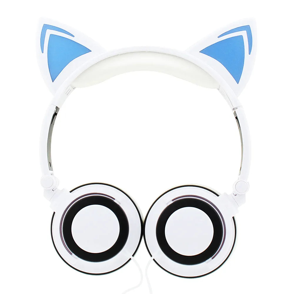 LED cat ear headphones showing illuminated blue ears and cushions on a black headband