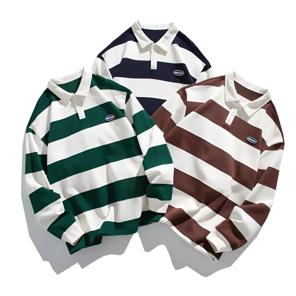 A sapphire blue striped lapel polo shirt made from soft pearl cotton, shown on a hanger.